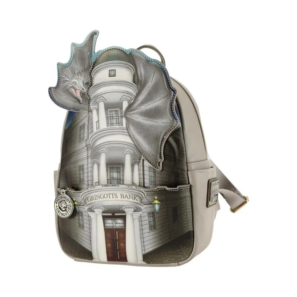 NEW Loungefly Harry Potter Gringotts Bank and Dragon Mini Backpack Leather Grey
